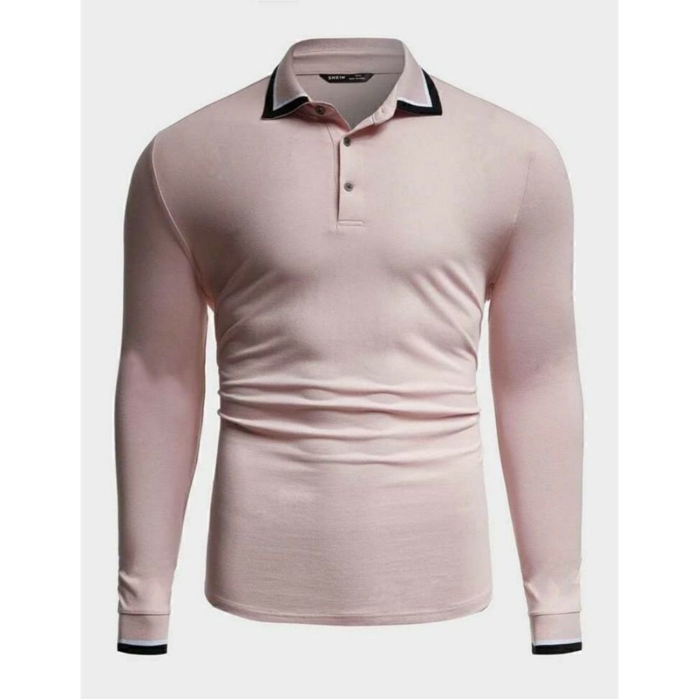 Pink Men's Polo Trim Striped Long Sleeve Half Button Up Shirt Size Small